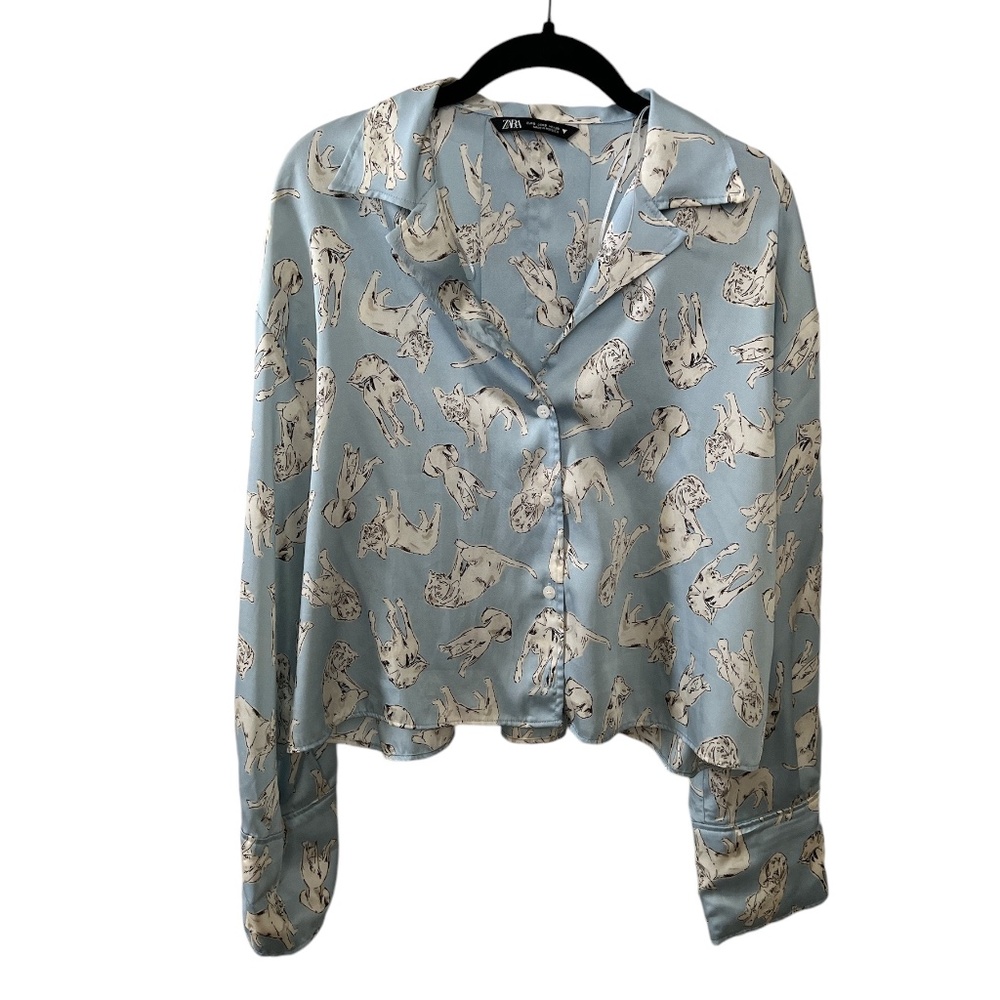 Zara Satin Dog Print Crop Button Down Shirt
